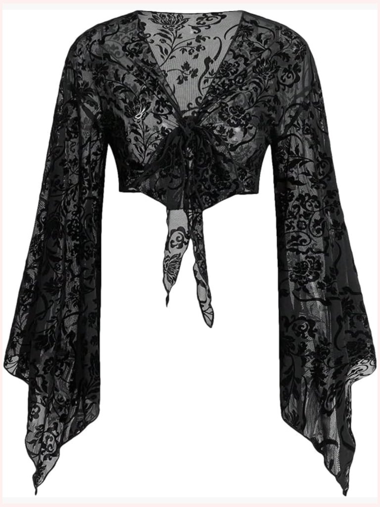 Floral Print V Neck Tie Front Long Bell Sleeve Sheer Crop Top Blouse